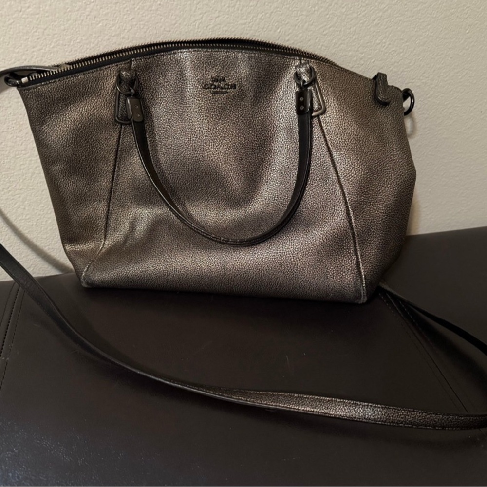 Coach Metallic Silver Shoulder Bag with Black Trim